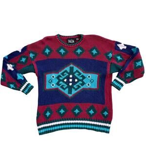 Vtg 1990s PASTA Southwestern Knit Sweater Bold Geometric Large